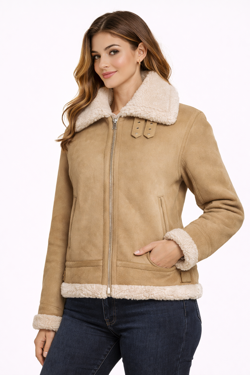 Women's Light Beige Lambskin Aviator Jacket