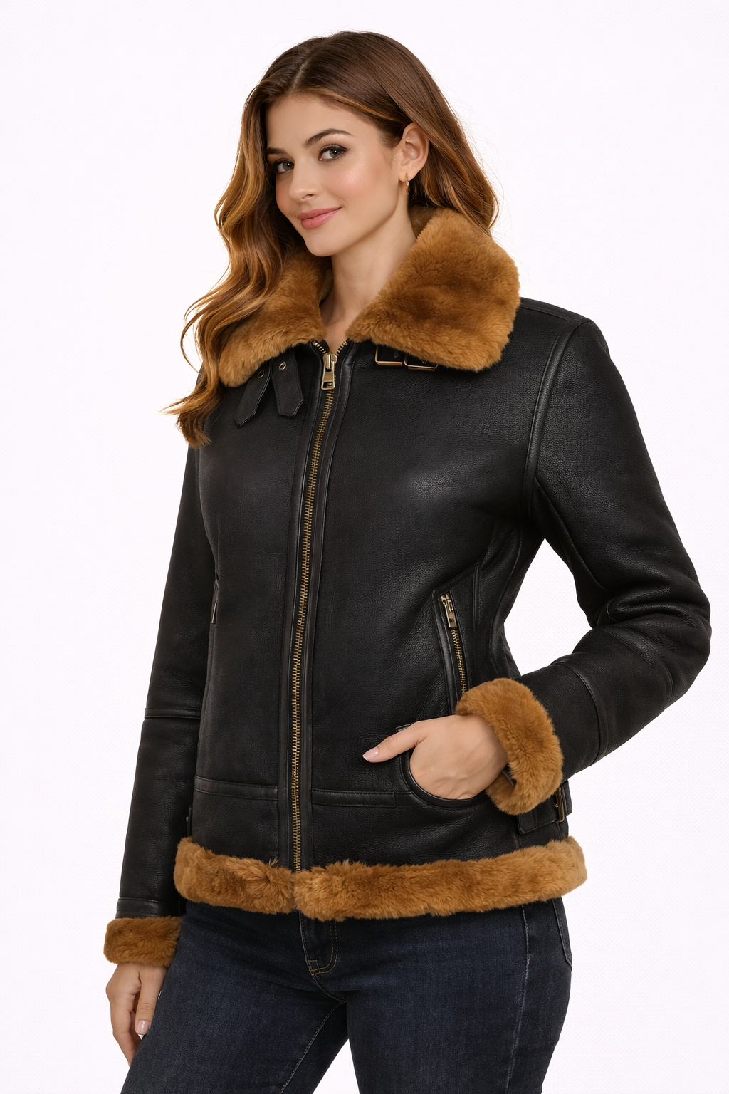 Women’s Tressano Black Real Shearling Aviator Jacket
