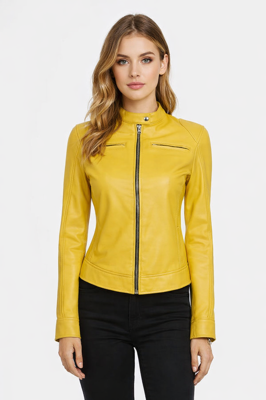 Women’s Yellow Sheepskin Cafe Racer Leather Jacket