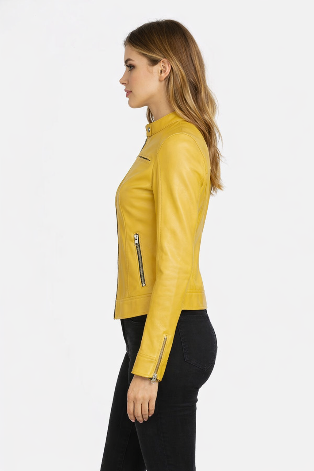 Women’s Yellow Sheepskin Cafe Racer Leather Jacket