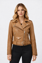 Women’s Brown Belted Moto Leather Jacket