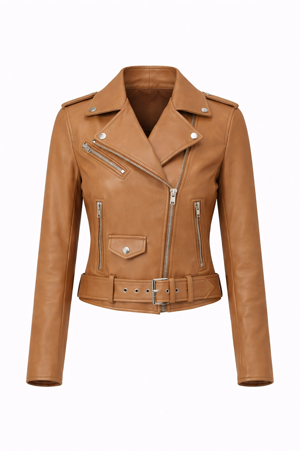 Women’s Brown Belted Moto Leather Jacket