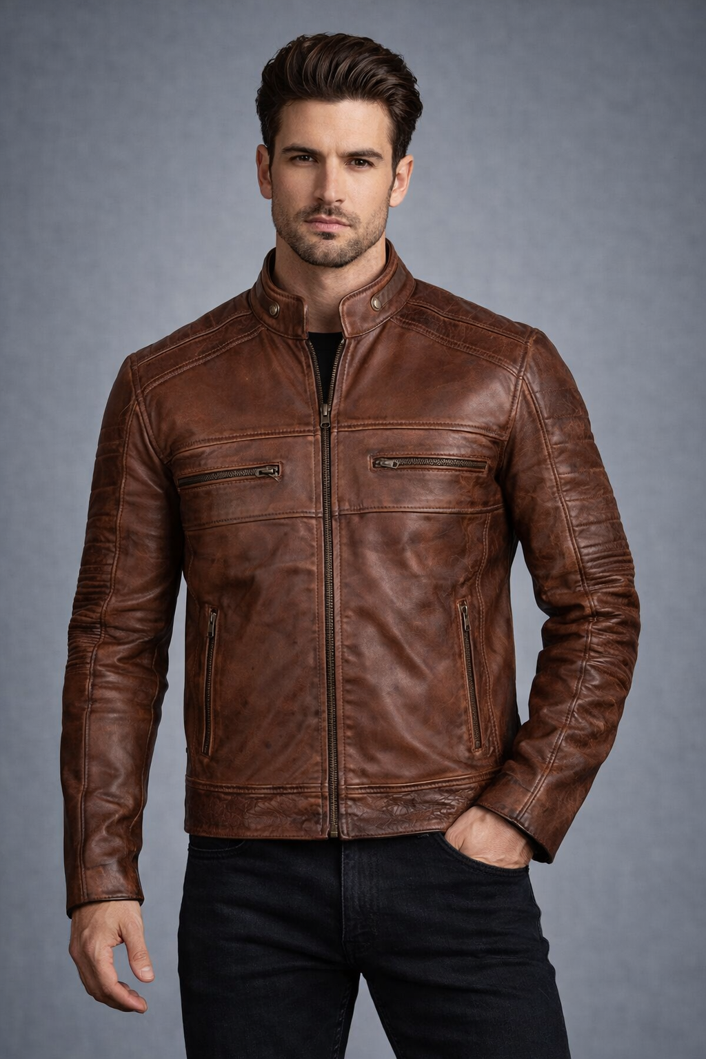 Men's Distressed Brown Motorcycle Leather Jacket