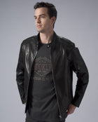 Classic Black Leather Racer Jacket Zip Up Moto Jacket