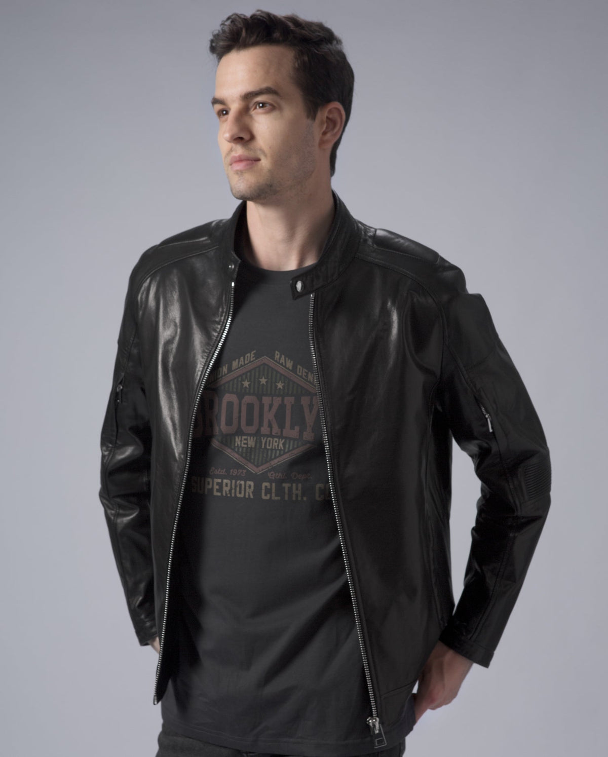 Classic Black Leather Racer Jacket Zip Up Moto Jacket