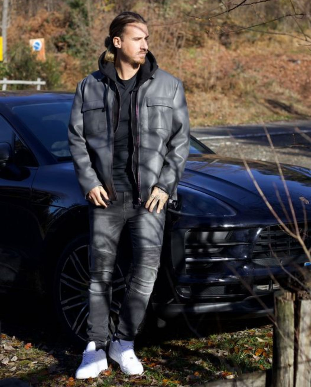 Classic Zip-up Leather Trucker Jacket Grey