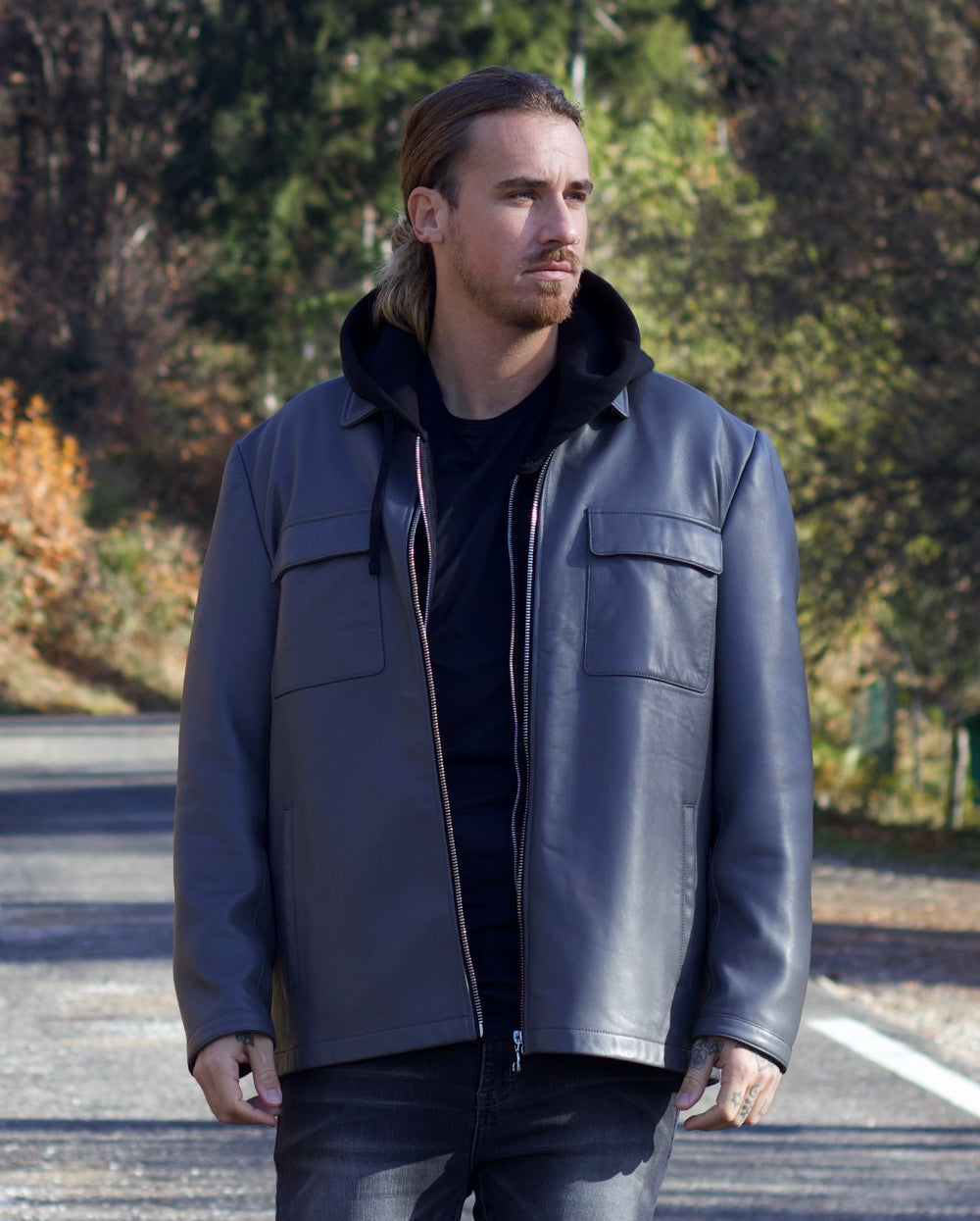 Classic Zip-up Leather Trucker Jacket Grey