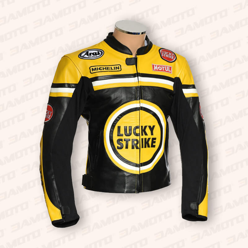 Classic Yellow & Black Lucky Strike Leather Motorcycle Jacket