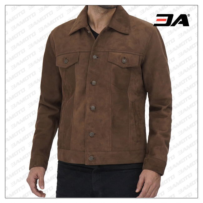 Gilbert Men Brown Suede Leather Trucker Jacket