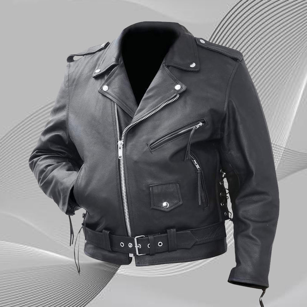 Classic Motorcycle Jacket Solid Genuine Cowhide Black Leather Coat