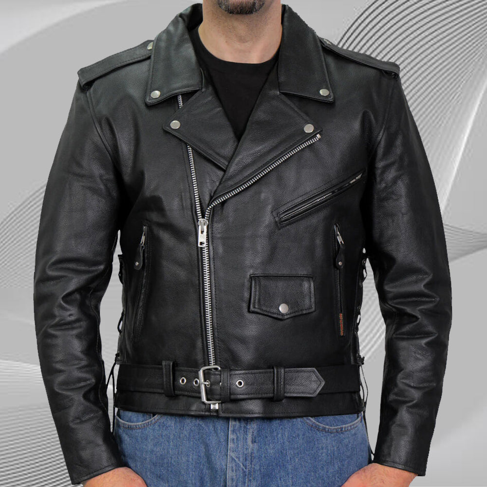 Classic Motorcycle Jacket Solid Genuine Cowhide Black Leather Coat