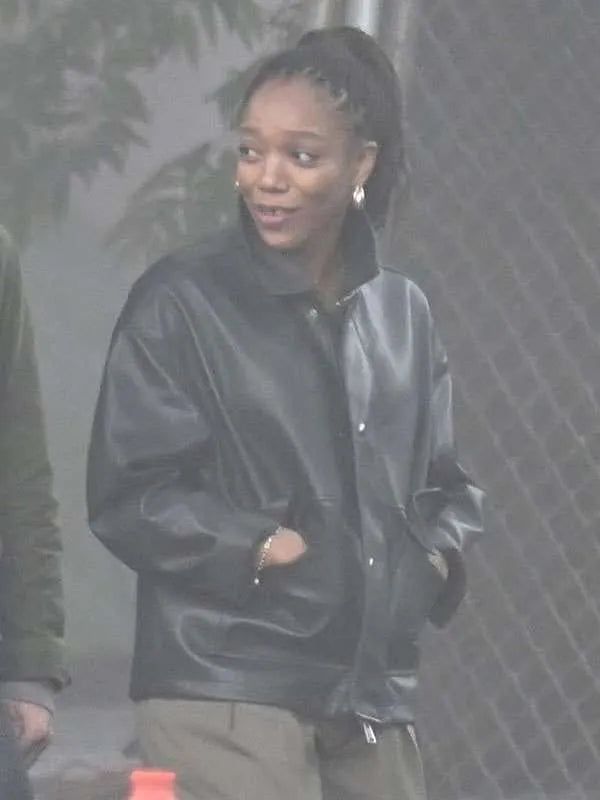 Naomi Ackie Clay face 2026 Black Leather Jacket