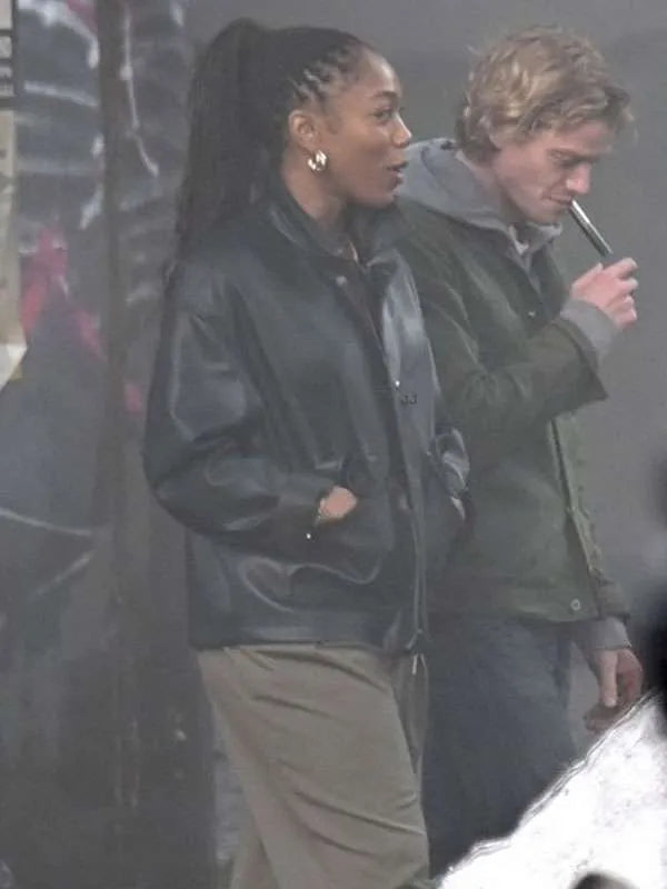 Naomi Ackie Clay face 2026 Black Leather Jacket