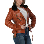 Cognac Brown Leather Jacket with Fur Collar