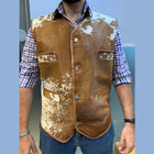 Men's Genuine Cowhide Leather Vest – Western Style Brown & White Waistcoat – Handcrafted Rodeo Ranchwear Outfit