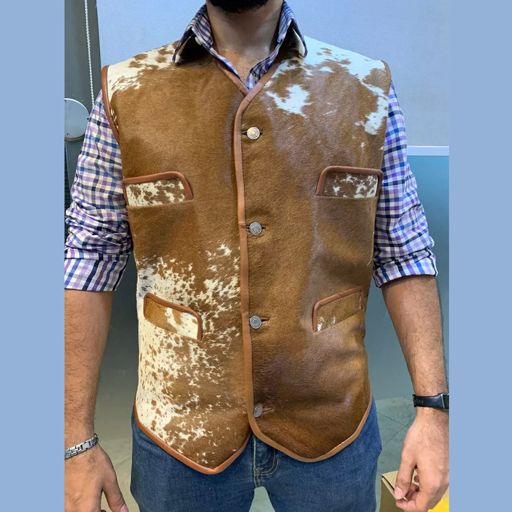 Men's Genuine Cowhide Leather Vest – Western Style Brown & White Waistcoat – Handcrafted Rodeo Ranchwear Outfit