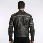 Men’s Distressed Black Cow Leather Biker Jacket – Vintage Quilted Moto Jacket