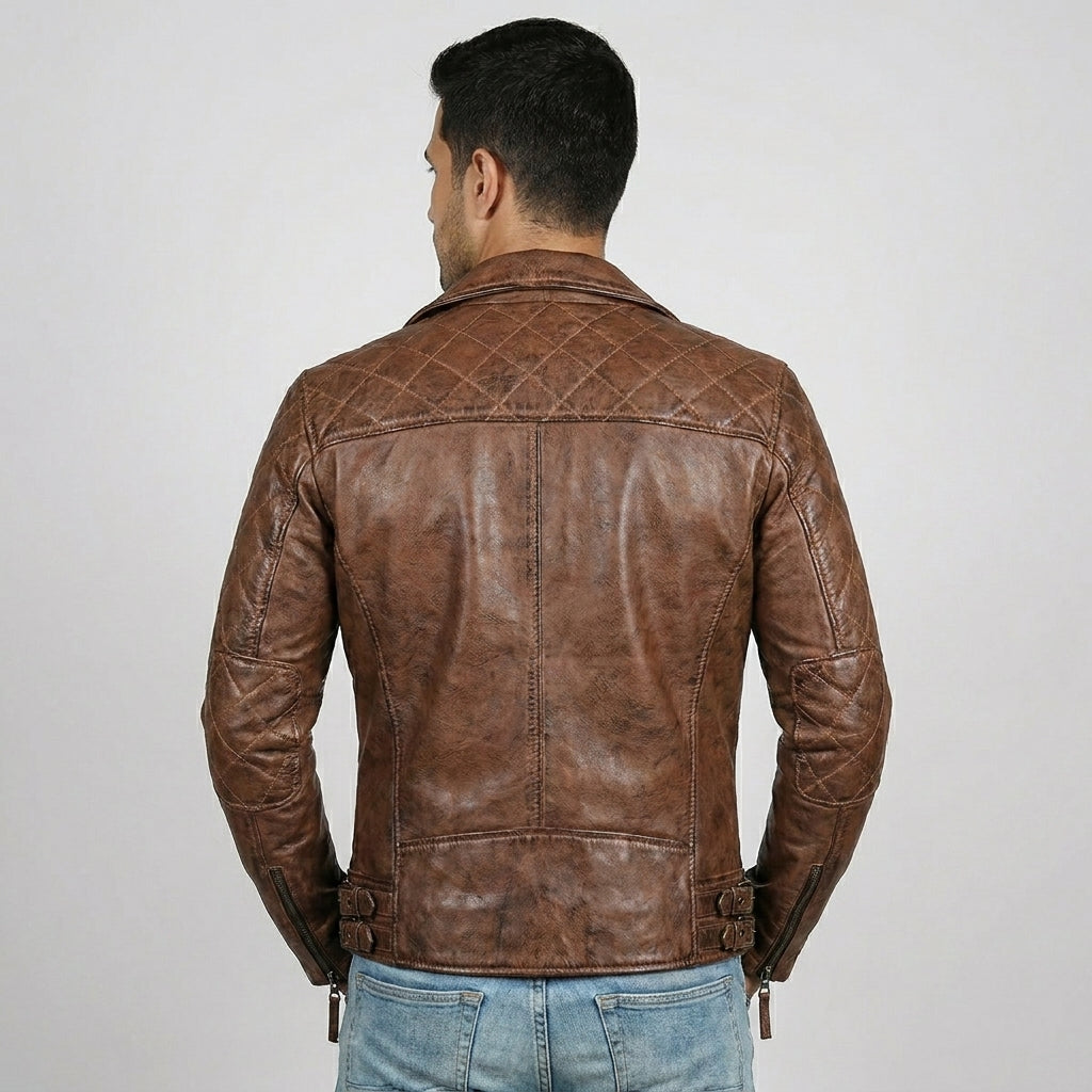 Men’s Brown Distressed Leather Motorcycle Jacket – Vintage Biker Moto Coat