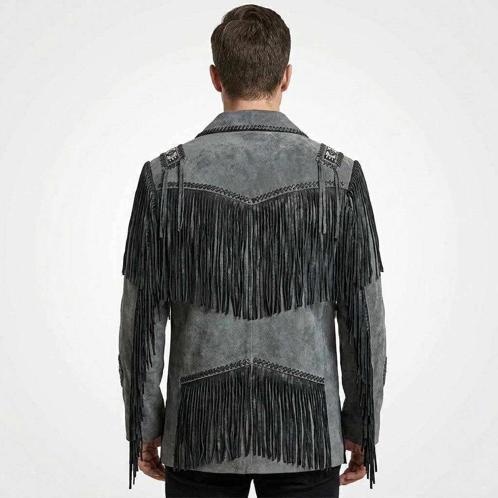 Men’s Western Cowboy Jacket – Black Fringe Suede Leather Coat