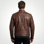 Men’s Coffee Brown Distressed Sheepskin Cafe Racer Leather Jacket