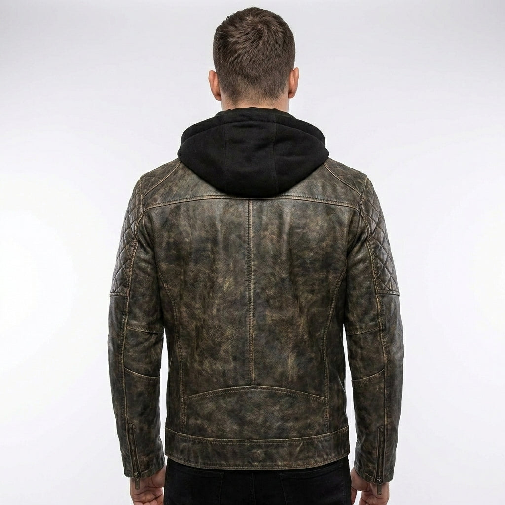 Men’s Gatsby Distressed Brown Leather Jacket – Quilted Shoulder Cafe Racer Jacket