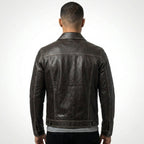 Men’s Dark Brown Leather Trucker Jacket – Contrast Stitch Snap Button Coat
