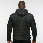Men’s Matte Black Leather Biker Jacket – Removable Hood Moto Coat