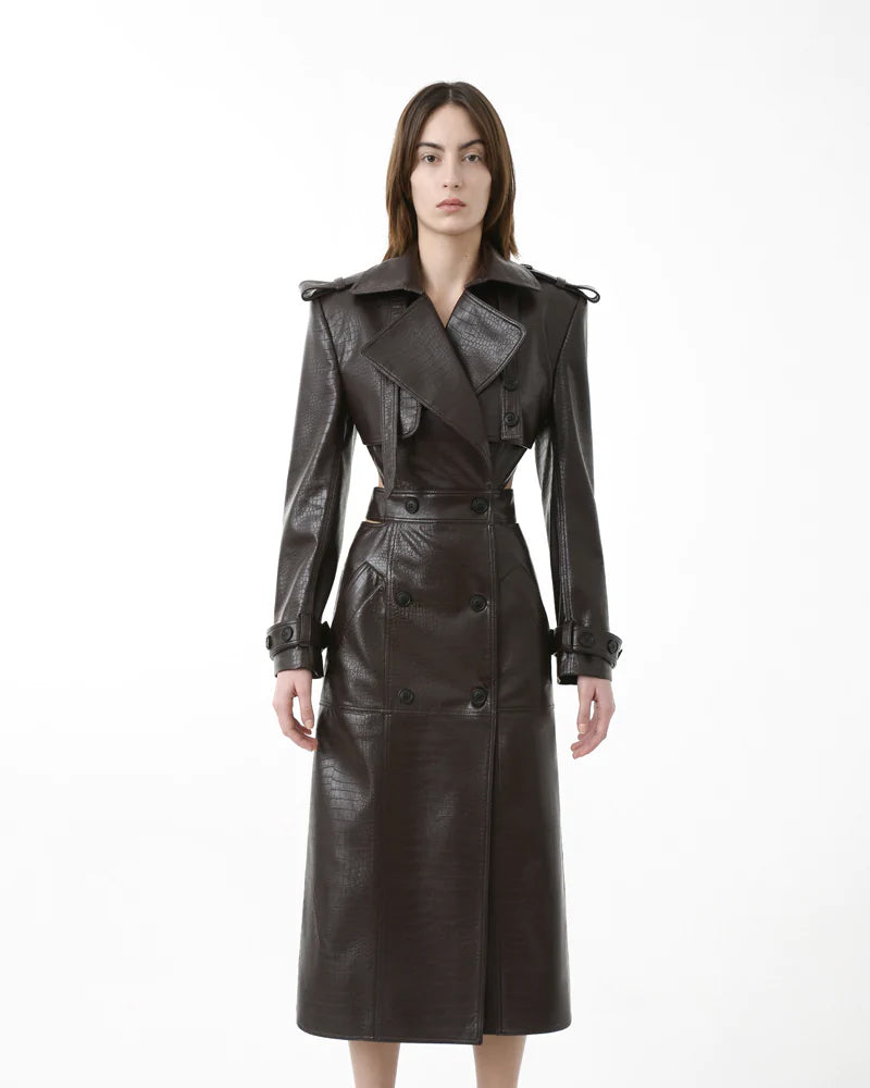 Crocodile Leather Open Back Trench Coat - Luxurious & Statement-Making