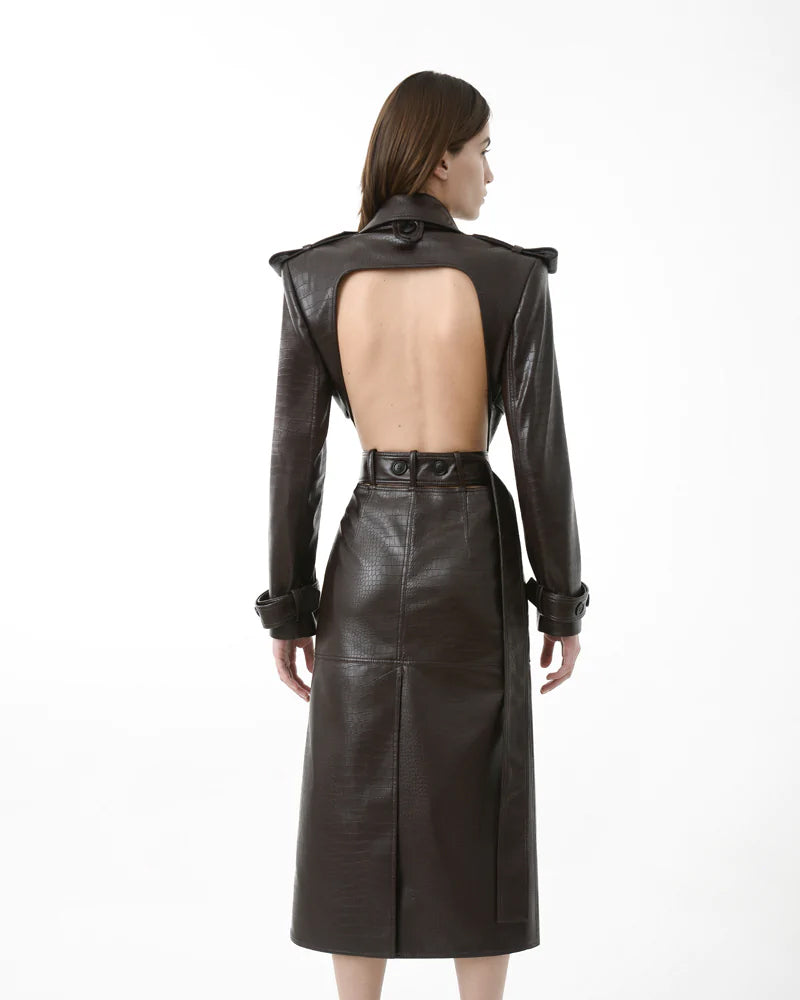Crocodile Leather Open Back Trench Coat - Luxurious & Statement-Making
