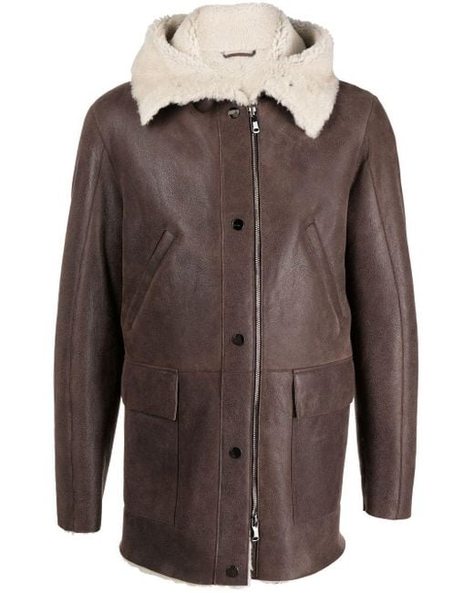 Men's Sheepskin Leather Jacket with Hood in Brown