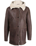 Men's Sheepskin Leather Jacket with Hood in Brown