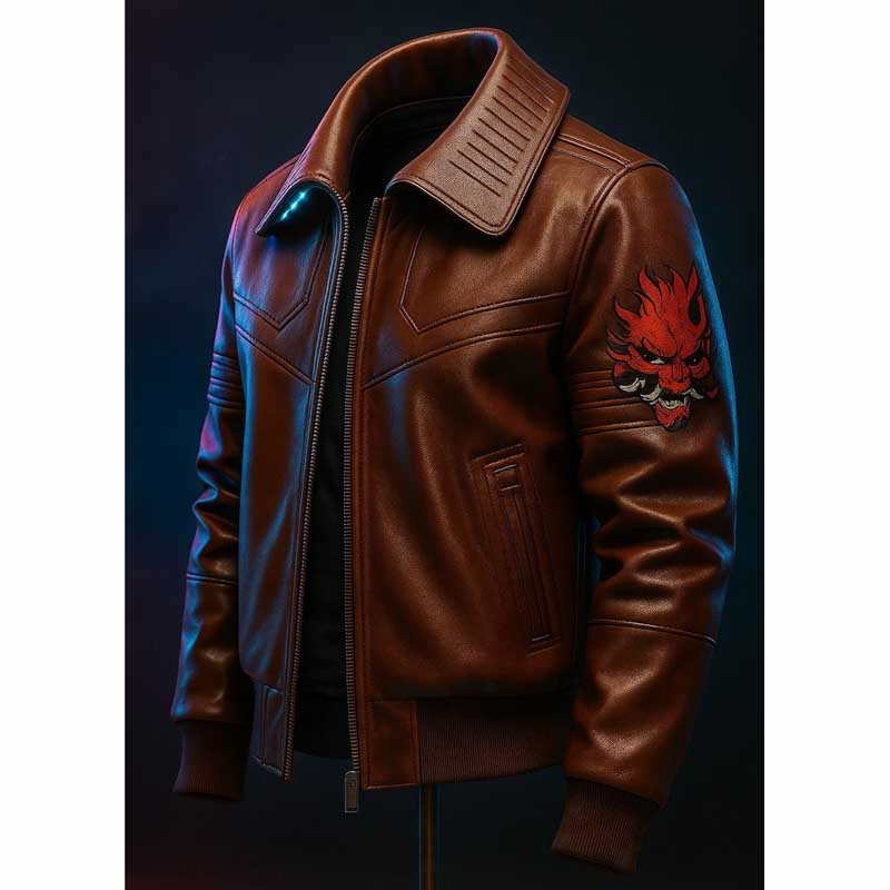 Cyberpunk V Samurai Brown Leather Bomber Jacket for Men