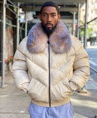 Men's V Bomber Jacket - Cream Color with Crystal Fox