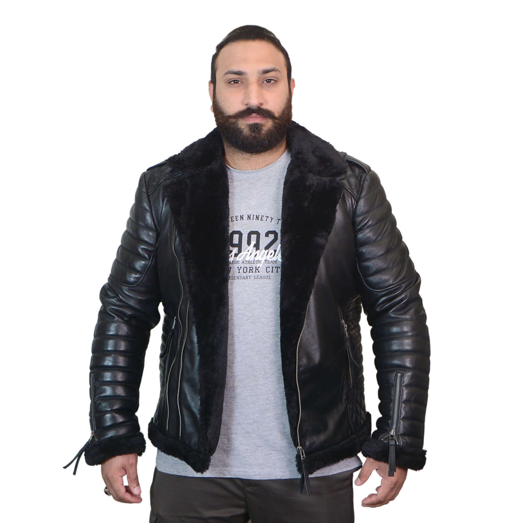 Men’s Black Shearling Sheepskin Asymmetrical Leather B3 Jacket