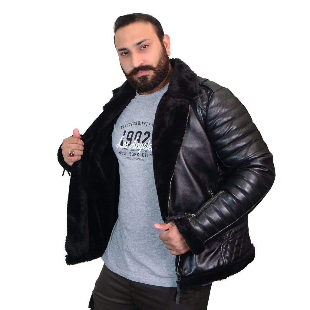 Men’s Black Shearling Sheepskin Asymmetrical Leather B3 Jacket