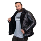 Men’s Black Shearling Sheepskin Asymmetrical Leather B3 Jacket