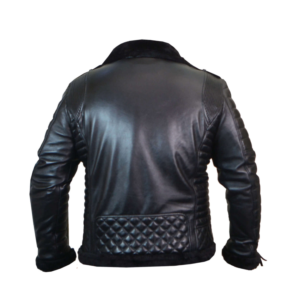 Men’s Black Shearling Sheepskin Asymmetrical Leather B3 Jacket