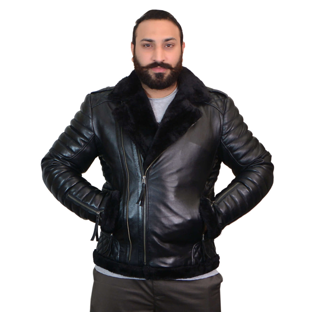 Men’s Black Shearling Sheepskin Asymmetrical Leather B3 Jacket