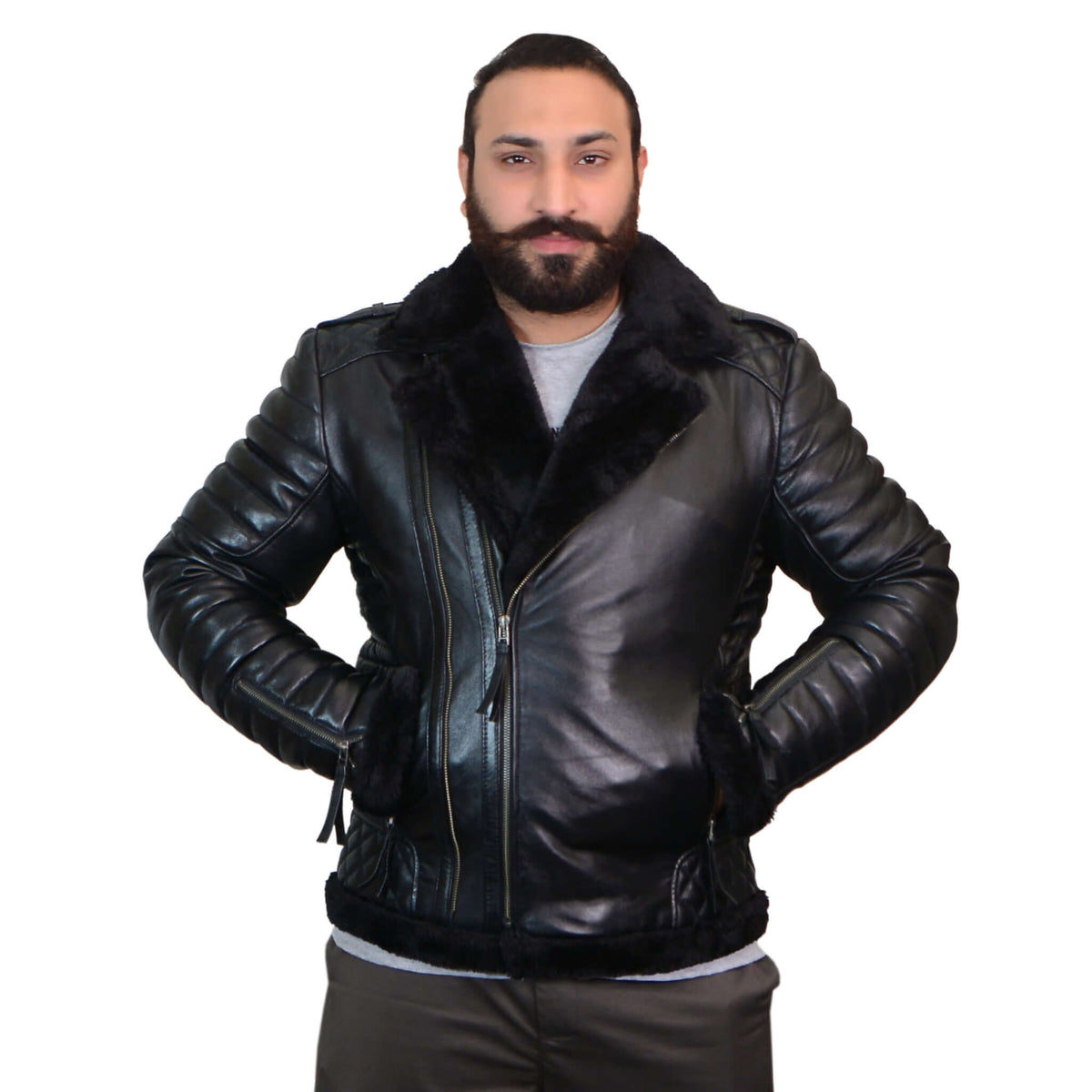 Men’s Black Shearling Sheepskin Asymmetrical Leather B3 Jacket