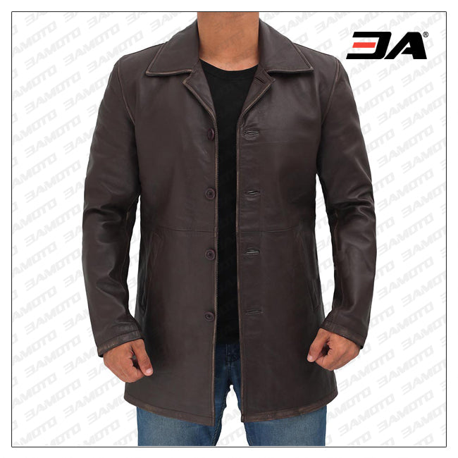 Winchester Distressed Brown Mens Leather Car Coat Jacket
