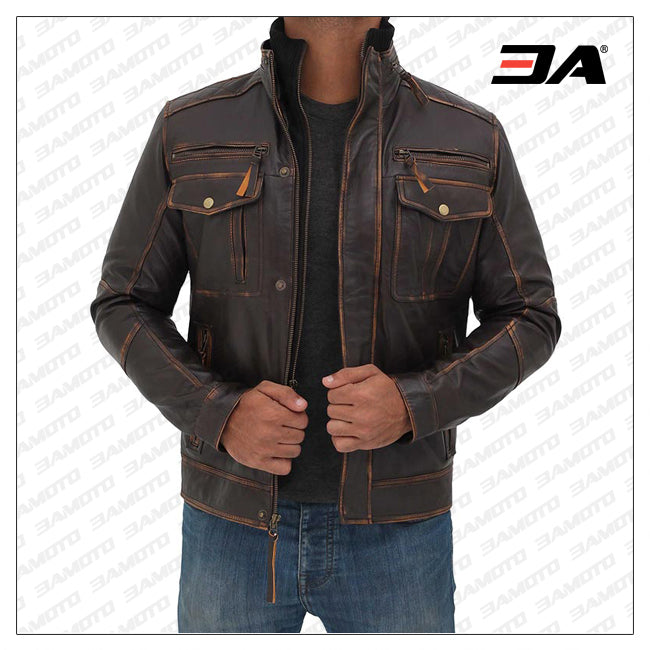 Moffit Dark Brown Genuine Leather Motorcycle Style Jacket