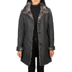 Distressed Black Shearling Leather Coat For Women