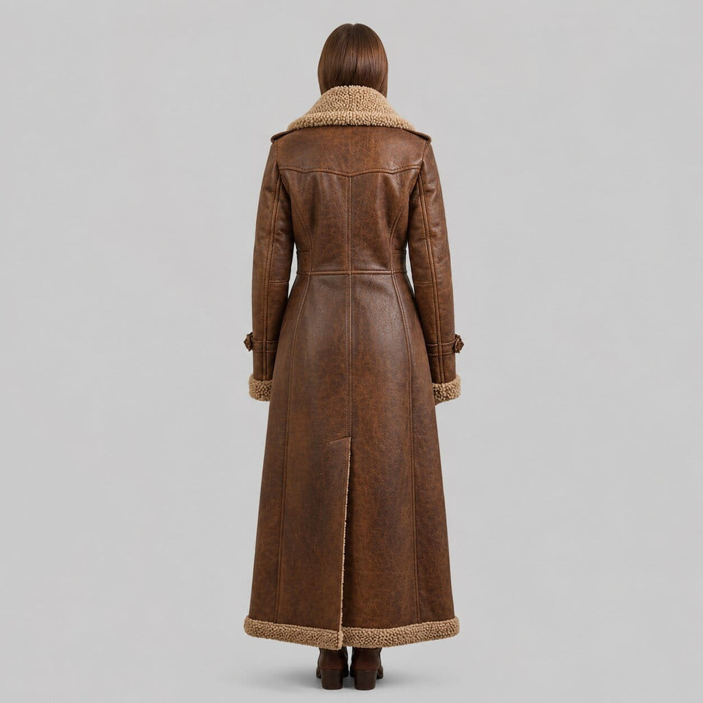 Distressed Brown Leather Shearling Trench Coat Vintage Fur Lined Winter Coat