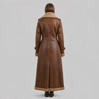 Distressed Brown Leather Shearling Trench Coat Vintage Fur Lined Winter Coat