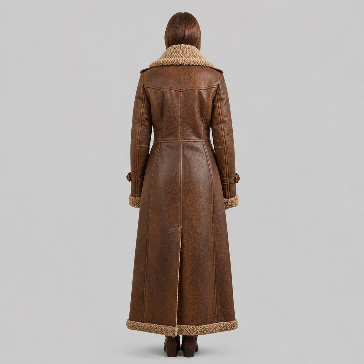 Distressed Brown Leather Shearling Trench Coat Vintage Fur Lined Winter Coat