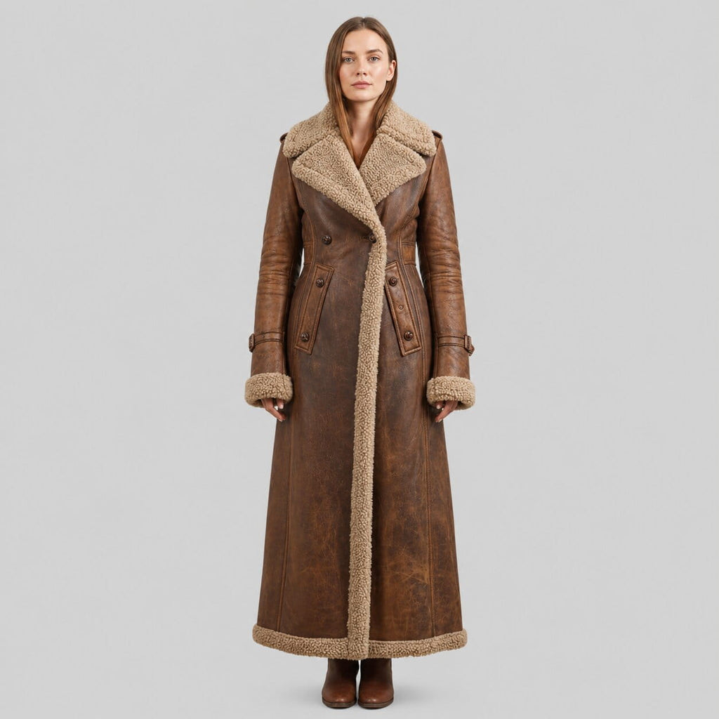 Distressed Brown Leather Shearling Trench Coat Vintage Fur Lined Winter Coat