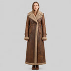 Distressed Brown Leather Shearling Trench Coat Vintage Fur Lined Winter Coat