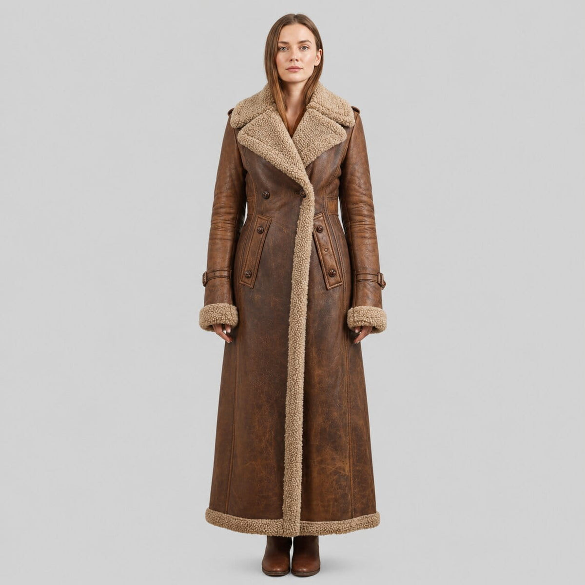Distressed Brown Leather Shearling Trench Coat Vintage Fur Lined Winter Coat
