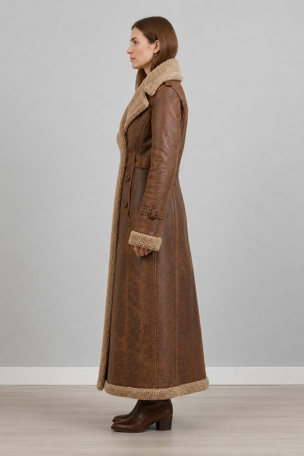 Distressed Brown Leather Shearling Trench Coat Vintage Fur Lined Winter Coat