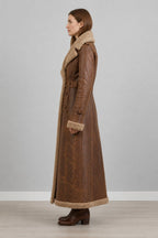 Distressed Brown Leather Shearling Trench Coat Vintage Fur Lined Winter Coat